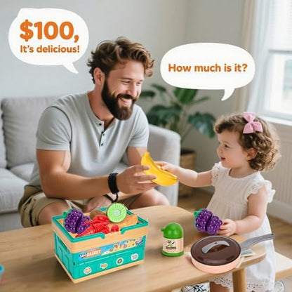 80pcs Pretend Play Kitchen Set for Toddlers, Kids Cookware Playset with Pots/Pans/Food/Fruits/Vegetables/Picnic Blanket/Storage Basket, Pink Educational Learning Toy Gift for Boys & Girls