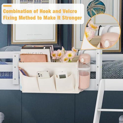Bedside Caddy Bedside Organizer Bedside Storage Caddy with Fixed Straps and Water Bottle Holder for Home College Dorm Bunk Bed Hospital Bed Crib Bed Rails (White)
