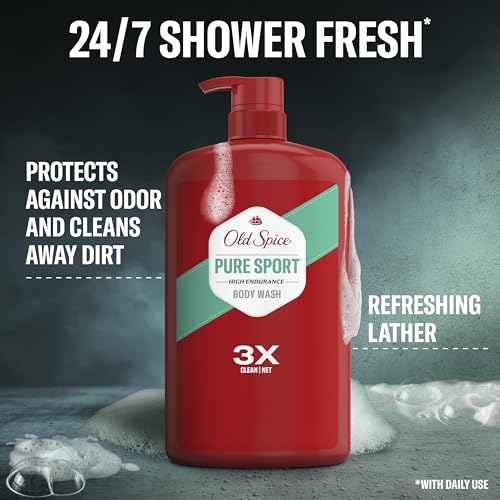 Old Spice Refreshing Body Wash for Men, High Endurance, 3X Defense, 24/7 Shower Fresh with Long Lasting Scent, Pure Sport Scent, 33.4 oz (Pack of 4)