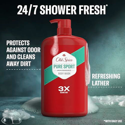 Old Spice Refreshing Body Wash for Men, High Endurance, 3X Defense, 24/7 Shower Fresh with Long Lasting Scent, Pure Sport Scent, 33.4 oz (Pack of 4)