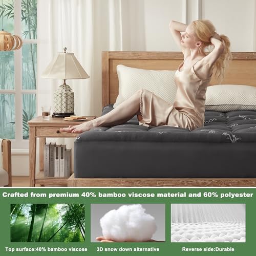 BEDLORE Queen Mattress Topper Viscose Derived from Bamboo, Thick Pillow Top Mattress Pad with Stretchable Pockets for 6-18 inches Mattress, Soft Mattress Topper for Back Pain Relief(Dark Gray)