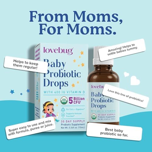 LOVEBUG Baby Probiotic Drops 0-12 Months - Organic Probiotics for Babies & Newborns, Supports Colic, Diarrhea and Infant Constipation Relief, Sugar-Free, Tasteless Liquid, 20ml