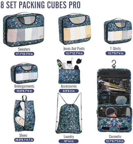 Veken 8 Set Packing Cubes for Travel Essentials, Suitcase Organizer Bags in 4 Sizes, Carry-On Luggage Accessories with Large Laundry & Hanging Toiletry Bag, Must-Have for Airplane, Road Trip & Camping