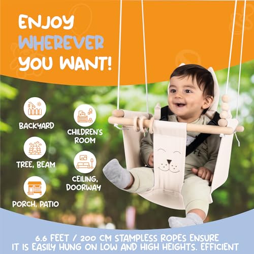Indoor Outdoor Baby Swing with 3-Point Harness and Hardware for Ceiling, Porch, Doorway, Canvas Baby Swing Outdoor Toddler Swing Seat Beige