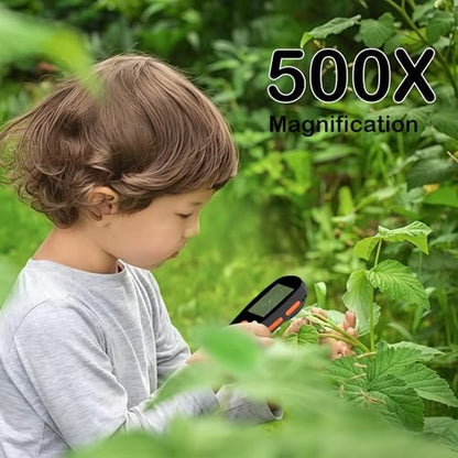 Handheld Digital Microscope with 2.0 Inch IPS Color Screen, Portable Magnifying Glass for Kids, 500x Magnification, 8 Adjustable 3-Level LED Lights, USB Compatible with PC Windows and Mac OS