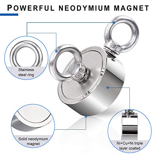 DIYMAG Strong Double Side Neodymium Fishing Magnets,750 lbs(340KG) Pulling Force Rare Earth Magnet with 20m (65 Foot) Durable Rope and Protective Gloves,for Retrieving in River and Magnetic Fish