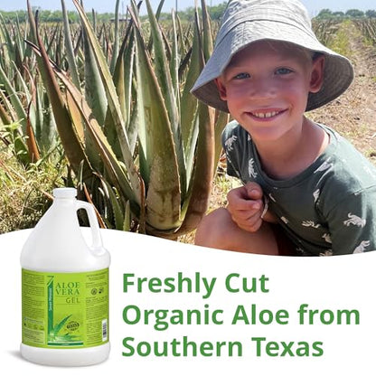 Seven Minerals Organic Aloe Vera Gel from freshly cut 100% Pure Aloe - 1 Gallon - HighestQuality, Texas grown, Vegan, Unscented - For Face, Skin, Hair, Sunburn Relief - Bulk DIY (128 Fl Oz)