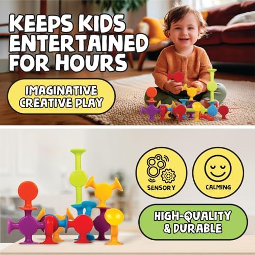 BUNMO Bath Toys Suction - Connect, Build, Create - Toddler Bath Toys - Hours of Fun & Creativity - Fine Motor Skills - Stimulating Sensory Toys - Non-Mouthable Toy 3+ - Smooth 24 Pack
