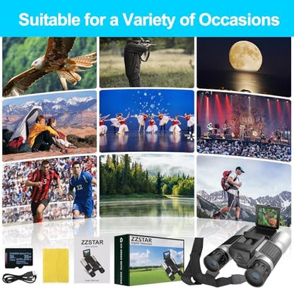 ZZSTAR 12x32 Binoculars with Built-in Camera, High Powered Binoculars for Adults, 2" LTPS Display 5MP 1080P Video Photo Recorder for Bird Watching Travel Concert, with 32GB Micro SD Card, Silver