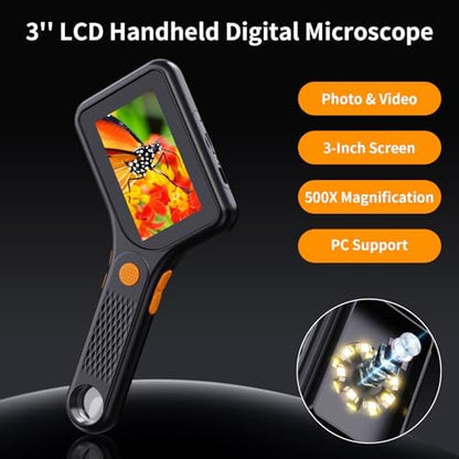 Digital Microscope for Adults, Handheld Pocket USB Microscope with 3 Inch HD Screen, Portable Coin Magnifier with 8 Adjustable LED Lights, Compatible with Windows & MacOS View - Black