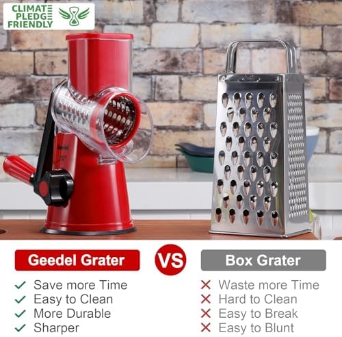 Geedel Rotary Cheese Grater, Kitchen Mandoline Vegetable Slicer with 3 Interchangeable Blades, Easy to Clean Grater for Fruit, Vegetables, Nuts