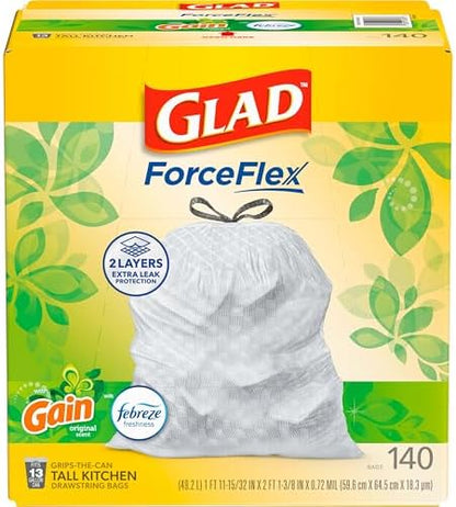 Glad ForceFlex Tall Kitchen Trash Bags, 13 Gallon, Gain Original, 140 Count (Package May Vary)