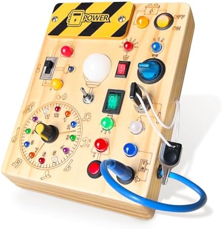 Busy Board, Montessori Toy for 1-3 Years Old, Wooden Toddler Sensory Travel Toy, Ideal Gift for 1+ Year Old Boys (Busy Board Plus V2), Medium, Yellow