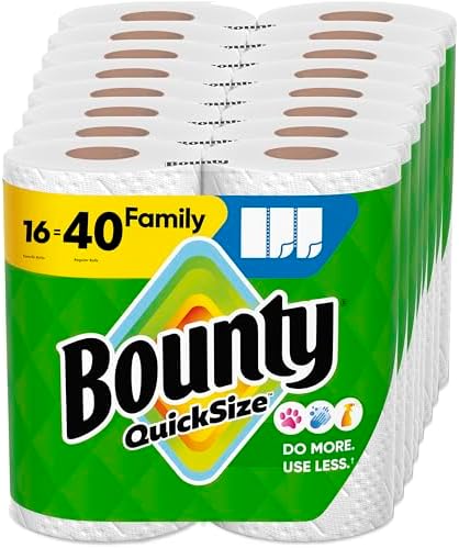 Bounty Paper Towels Quick Size, White, 16 Family Rolls = 40 Regular Rolls