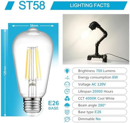 Ascher Vintage LED Edison Bulbs, 6W, Equivalent 60W, Non-Dimmable, High Brightness Cool White 4000K, ST58 Antique LED Filament Bulbs with 80+ CRI, E26 Medium Base, Clear Glass, Pack of 6