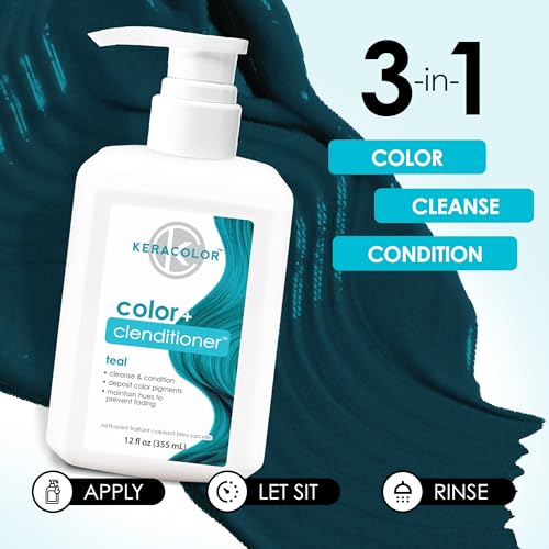 Keracolor Color + Clenditioner 3-in-1 Color-Depositing Conditioner, Gently Cleanses & Conditions, Semi-Permanent Hair Color, 23 Shades, 12 Fl Oz