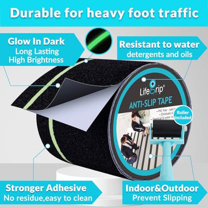 LifeGrip Anti Slip Traction Tape with Glow in Dark Green Stripe, 4 Inch x 40 Foot - Best Grip, Friction for Stairs, Tread Step, Black (4 inch X 40 feet Tape)