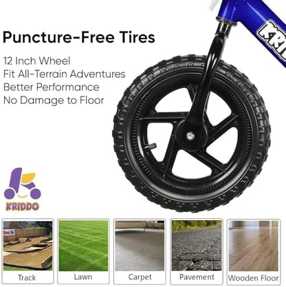 KRIDDO Toddler Balance Bike 2 Year Old, Age 18 Months to 5 Years Old, 12 Inch Push Bicycle with Customize Plate (3 Sets of Stickers Included), Steady Balancing, Gift Bike for 2-3 Boys Girls, Blue