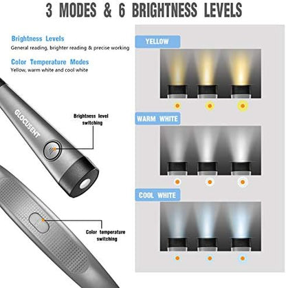 Glocusent Book Light, 3-Color & 6-Brightness Reading Light, Bendable Neck Light, 80-hr Lasting Rechargeable Lamp, Perfect Book Light for Reading in Bed, Knitting, Camping, Repairing, Book Lovers Gifts