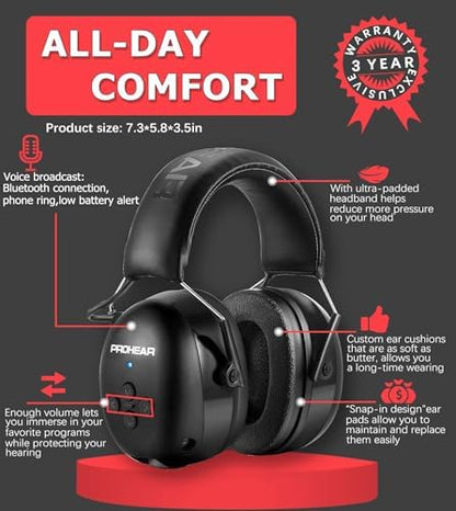 PROHEAR 037 Bluetooth 5.3 Hearing Protection Headphones with Rechargeable 1500mAh Battery, 30dB SNR Safety Noise Reduction Ear Muffs 120H Playtime for Mowing, Workshops, Snowblowing - Black