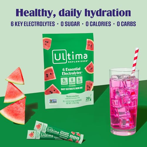 Ultima Replenisher Daily Electrolyte Powder Drink Mix – Sugar Free – Watermelon, 20 Stickpacks – Hydration Packets with 6 Electrolytes and Trace Minerals – Keto Friendly, Vegan, Non-GMO