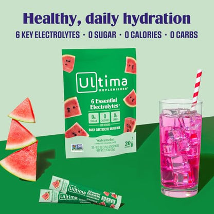 Ultima Replenisher Daily Electrolyte Powder Drink Mix – Sugar Free – Watermelon, 20 Stickpacks – Hydration Packets with 6 Electrolytes and Trace Minerals – Keto Friendly, Vegan, Non-GMO
