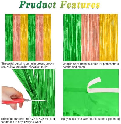 4 Pack Hawaiian Party Decorations, 3.28 FT x 7.05 FT Hawaii Tinsel Backdrop, Green Brown Yellow Foil Curtains Fringe Backdrop Party Streamer, Metallic Summer Decor Luau Party Decorations