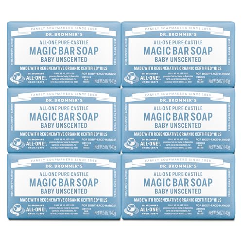 Dr. Bronner's Pure-Castile Magic Bar Soap (Baby Unscented, 5 oz, 6-Pack) - Made with Regenerative Organic Certified Oils, For Face, Body & Hair, Gentle for Sensitive Skin - Vegan, Non-GMO