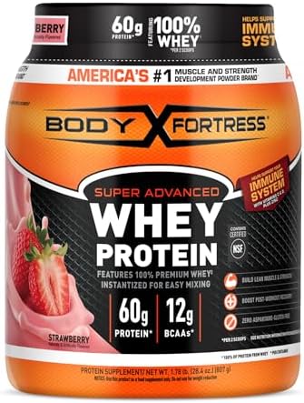 Body Fortress Super Advanced Whey Protein Powder, Strawberry, Immune Support (1), Vitamins C & D Plus Zinc, 1.78 lbs