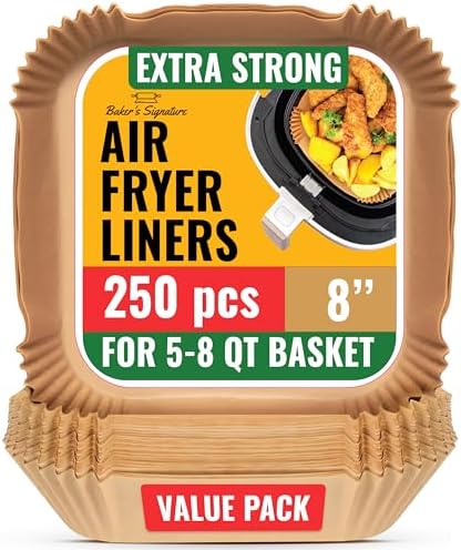 250 pcs Air Fryer Liners, Disposable Airfryer Paper Liners – Non-Stick and Oil Proof for Easy Cleanup, Great for Oven, Pans & Baking – 8” Square for 5-8 qt Basket by Baker's Signature