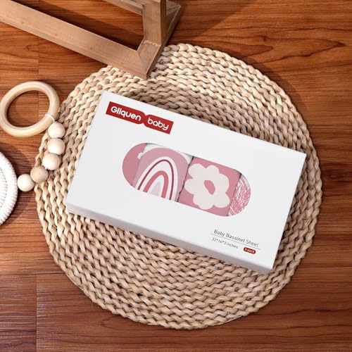 Gllquen Baby Bassinet Sheets 4 Pack, Breathable Cozy Fitted Mattress Sheet, Elastic Travel Crib Fashionable Floral Pattern, Standard Cradle Safe Sheets for Baby Boys Girls 32"x16"(Love)