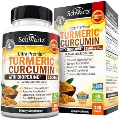 Turmeric Curcumin with Black Pepper Extract 1500mg - High Absorption Ultra Potent Turmeric Supplement with 95% Curcuminoids and BioPerine - Non GMO Tumeric Capsules for Joint Support - 180 Capsules