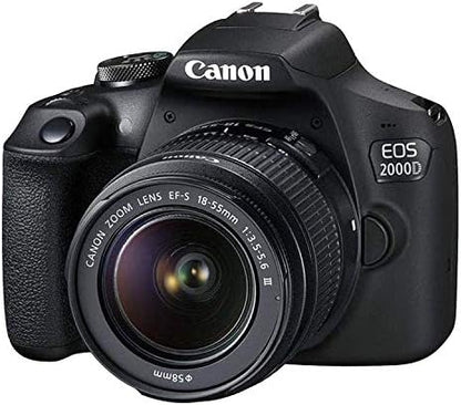 Canon EOS 2000D / Rebel T7 DSLR Camera w/EF-S 18-55mm F/3.5-5.6 Zoom Lens + 64GB Memory, LED Video Light, Case, Gripster Tripod, and More (Essential Bundle) (Renewed)