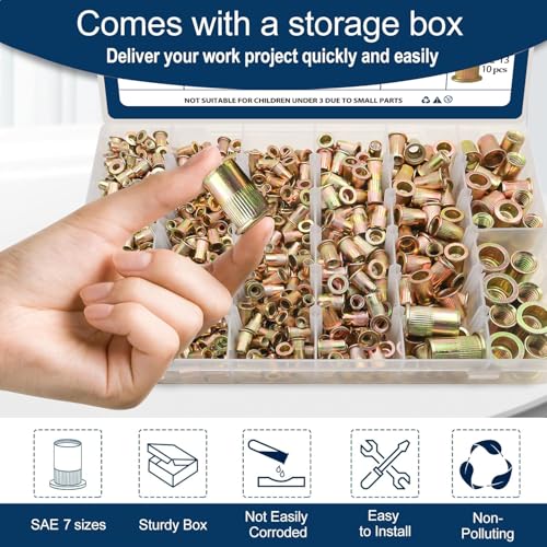 SAE Rivet Nut Assortment Kit(880 Pcs), #6-32#8-32#10-24 1/4"-20 5/16"-18 3/8"-16 1/2"-13 UNC Flat Head Rivnut Set, Zinc Plated Finish Carbon Steel Nutsert