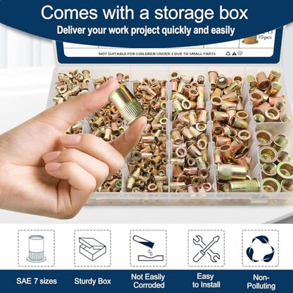 SAE Rivet Nut Assortment Kit(880 Pcs), #6-32#8-32#10-24 1/4"-20 5/16"-18 3/8"-16 1/2"-13 UNC Flat Head Rivnut Set, Zinc Plated Finish Carbon Steel Nutsert