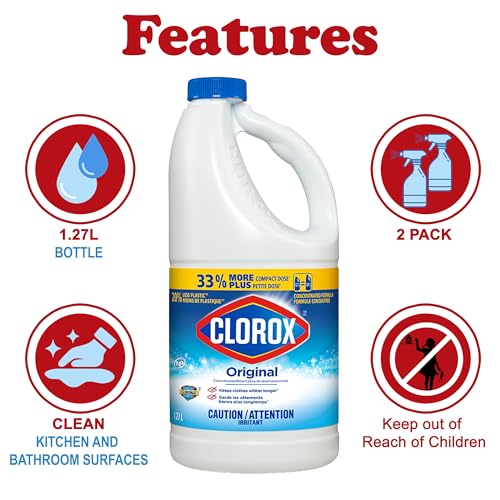 Clorox Bleach Cleaner, 2 Pack Original Concentrated Bleach, Easy Pour Bottle with Handle, Moldand Mildew Remover, Removes Stains and Whitens, 43 oz Each