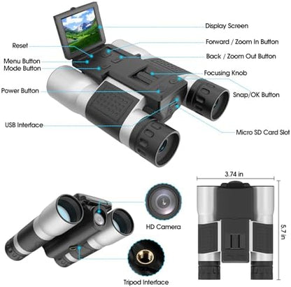 ZZSTAR 12x32 Binoculars with Built-in Camera, High Powered Binoculars for Adults, 2" LTPS Display 5MP 1080P Video Photo Recorder for Bird Watching Travel Concert, with 32GB Micro SD Card, Silver
