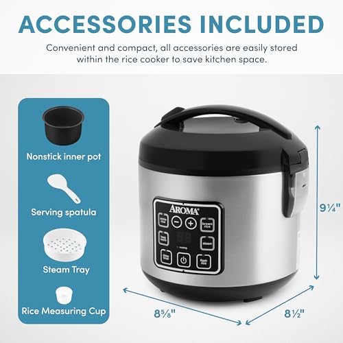 AROMA Digital Rice Cooker, 4-Cup (Uncooked) / 8-Cup (Cooked), Steamer, Grain Cooker, Multicooker, 2 Qt, Stainless Steel Exterior, ARC-914SBD