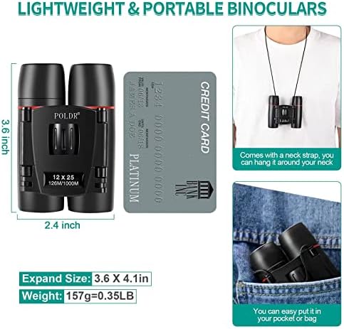 POLDR 12X25 Small Binoculars with Clear Vision, Pocket Binoculars Compact for Adults Theater Concert Opera Travel Bird Watching