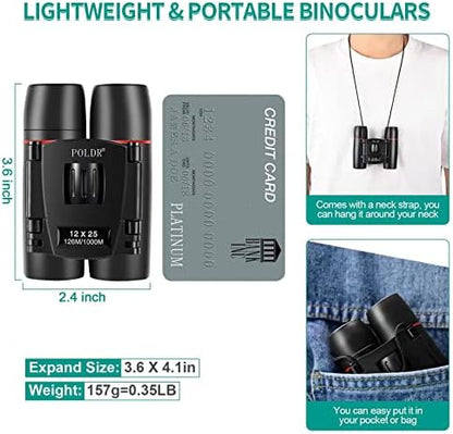 POLDR 12X25 Small Binoculars with Clear Vision, Pocket Binoculars Compact for Adults Theater Concert Opera Travel Bird Watching
