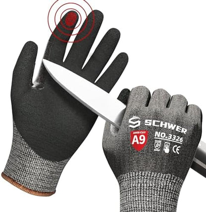 Schwer ProGuard Highest Level Cut Resistant Work Gloves PR3326 for Extreme Protection，ANSI A9 Cut Gloves with Reinforced Thumb, Non Slip, Breathable, Durable, Touch-screen, Non PFAS, Black 1 Pair（L）