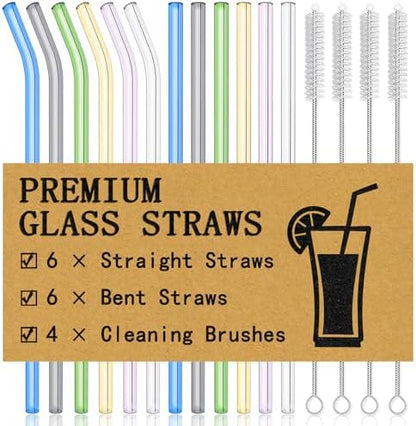 Piteno® 16-Pack Reusable Glass Drinking Straws, 10''x10MM, Set of 6 Straight and 6 Bent with 4 Cleaning Brushes, Perfect for Smoothies, Milkshakes, Juice, Tea (Rainbow)