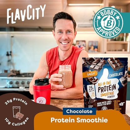 FlavCity Grass Fed Whey Chocolate Protein Powder - 25g Protein & 10g Collagen - Made with Organic Cocoa, Bananas & Coconut Milk - Gluten Free & No Added Sugars (20 Servings)