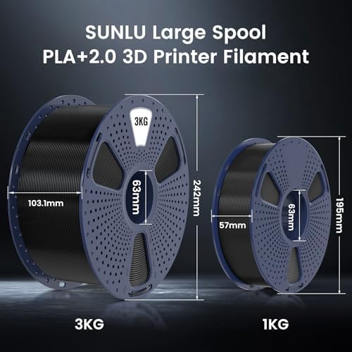 SUNLU 3KG PLA+2.0 3D Printer Filament, 3KG(6.6lbs) Large Spool PLA+ Filament 1.75mm, Tougher and Stronger, Dimensional Accuracy +/-0.02mm, 3KG/1 Spool, PLA+ Black