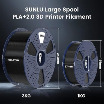 SUNLU 3KG PLA+2.0 3D Printer Filament, 3KG(6.6lbs) Large Spool PLA+ Filament 1.75mm, Tougher and Stronger, Dimensional Accuracy +/-0.02mm, 3KG/1 Spool, PLA+ Black