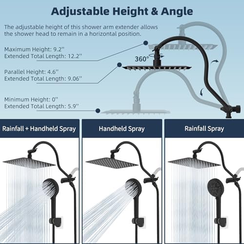 Hibbent All Metal High Pressure Rainfall 10 Inch Shower Head/Handheld Showerhead Combo/ 12 Inch Adjustable Curved Shower Extension Arm, 10-Spray, 71-inch Hose, Adhesive Showerhead Holder, Matte Black