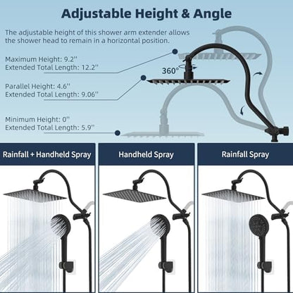 Hibbent All Metal High Pressure Rainfall 10 Inch Shower Head/Handheld Showerhead Combo/ 12 Inch Adjustable Curved Shower Extension Arm, 10-Spray, 71-inch Hose, Adhesive Showerhead Holder, Matte Black