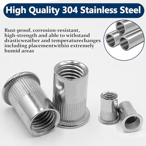 Metric & SAE Rivet Nut Assortment Kit(300 Pcs), M3 M4 M5 M6 M8 M10 M12#8-32#10-24 1/4"-20 5/16"-18 3/8"-16 304 Stainless Steel Rivnut Set UNC Flat Head Nutsert