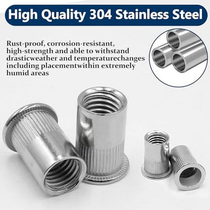 SAE Rivet Nut Assortment Kit(220 Pcs),#8-32#10-24 1/4"-20 5/16"-18 3/8"-16 304 Stainless Steel Flat Head Rivnut Set,Rivnut Threaded Insert Nut