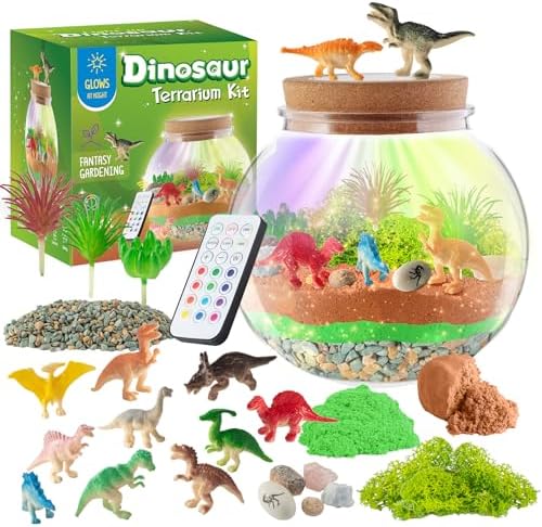 Dinosaur Light-Up Terrarium Kit for Kids - LED Night Light Birthday Gift for Boys Ages 4 5 6 7 8-12 Year Old - Dinosaur Toys for Boys - DIY Arts and Crafts Kit for Kids